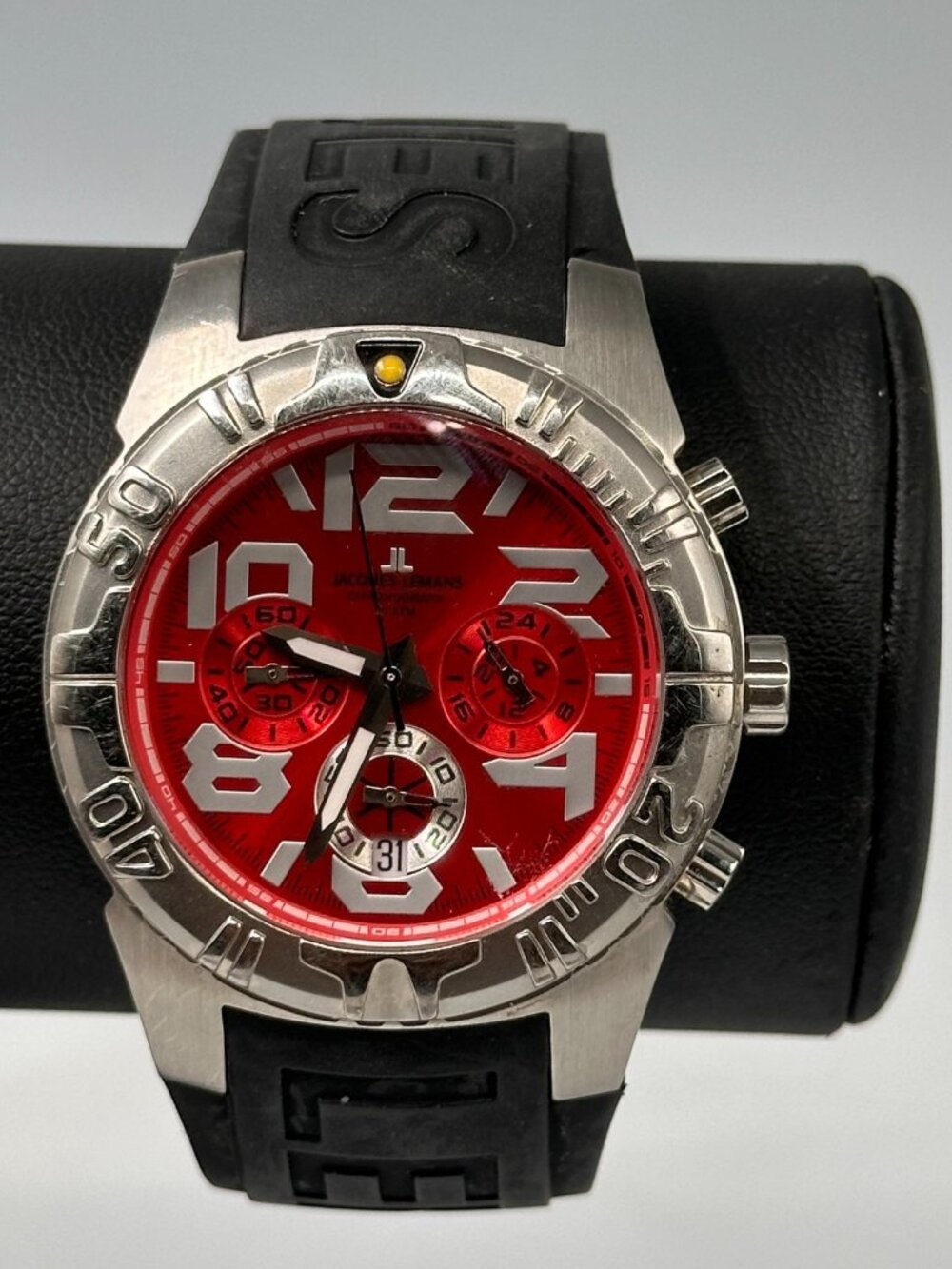 Jacques Lemans Chronograph Watch Men Red Dial Black Band New Battery 8.5"
